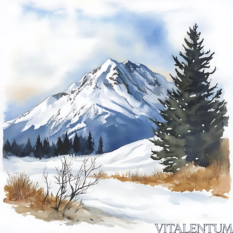 Watercolor Mountain Scene with Pine Trees AI Image