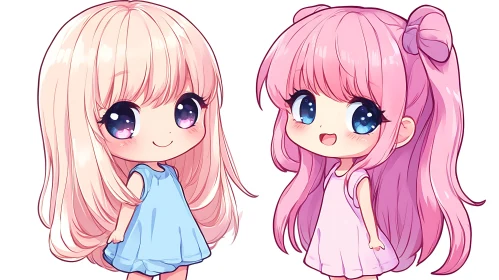 Adorable Chibi Girls in Blue and Pink Dresses