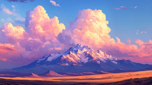 Snowy Mountain Range with Pink Clouds