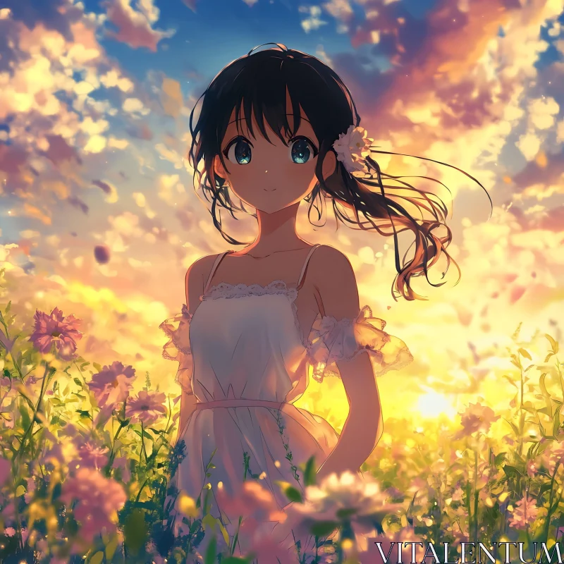 Serene Anime Girl in Sunset Flower Field AI Image