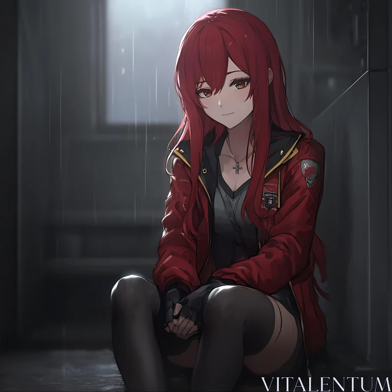 Contemplative Red-Haired Anime Girl in Rainy Setting AI Image