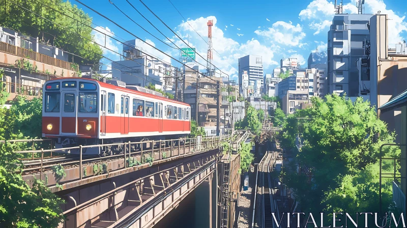 Anime Citylife: Train Journey Through Elevated Tracks AI Image