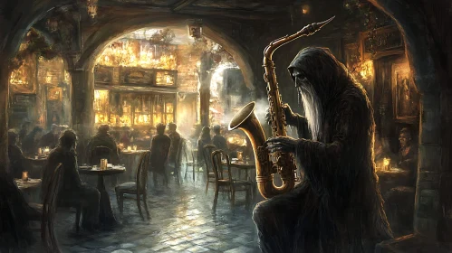 Hooded Figure Plays Saxophone in Restaurant