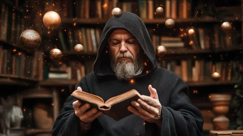 Enchanted Library: Monk and Floating Orbs