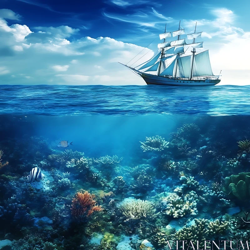 Ocean Scene with Sailboat and Reef AI Image