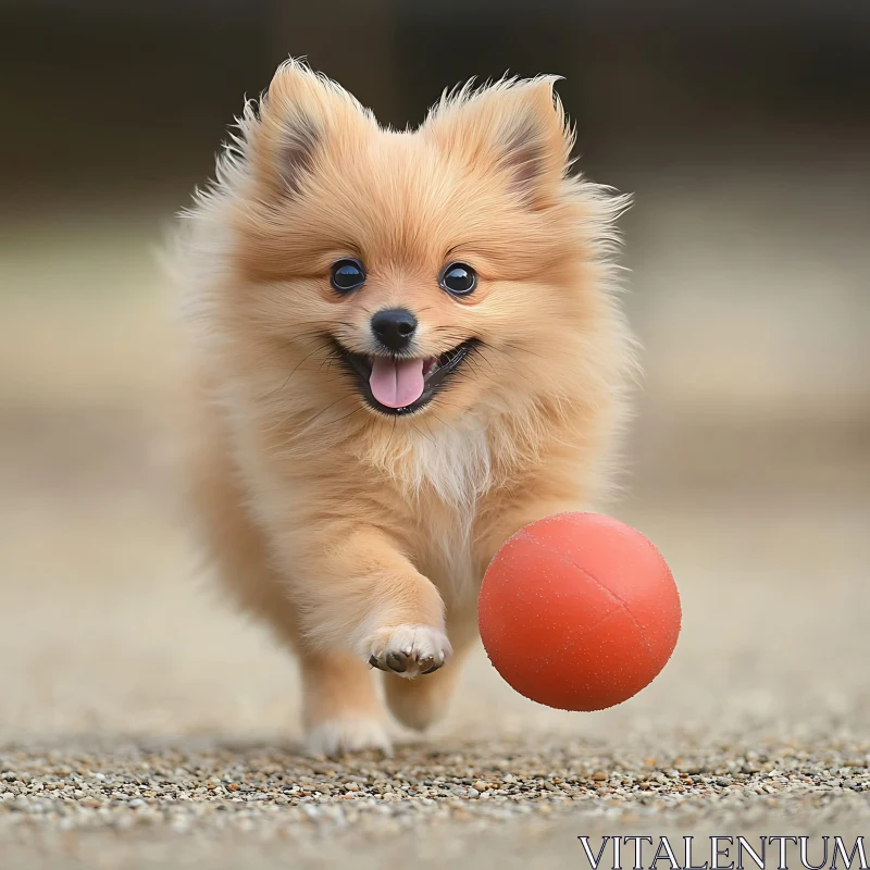 Playful Puppy Leaping with Orange Ball AI Image