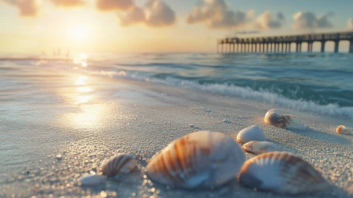 Tranquil Beach Sunset with Pier and Seashells