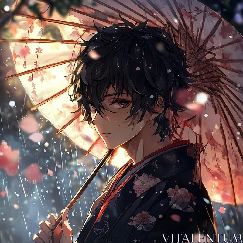 Rainy Day Anime Scene with Umbrella and Cherry Blossoms AI Image