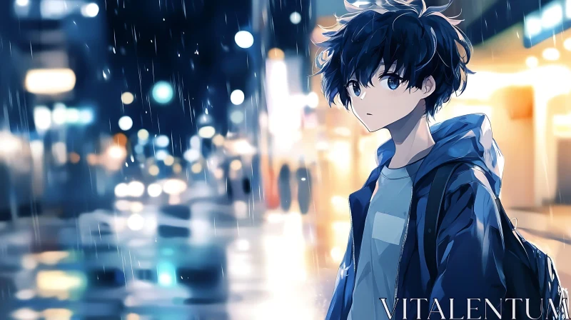 AI ART Moody Anime Boy in Night Rain