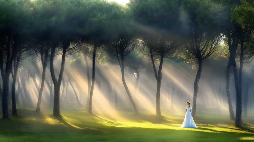 Sunlit Forest with Woman