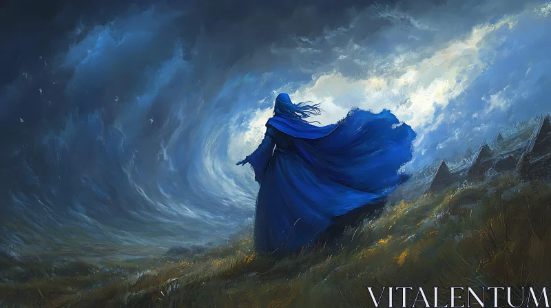 Figure in Blue Cloak Landscape Art AI Image