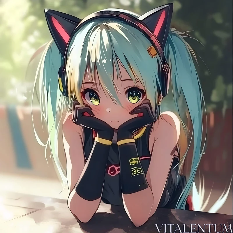 Blue Haired Anime Girl with Cat Ears Pouting AI Image