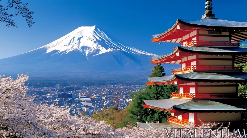 Mount Fuji Landscape with Pagoda and Sakura AI Image