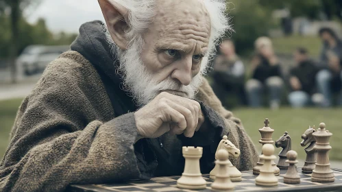 Contemplative Elf Playing Chess Outdoors