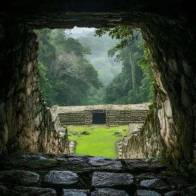 Stone Archway View of Jungle Ruins