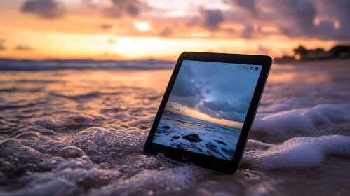 Sunset Reflection on Tablet by the Sea