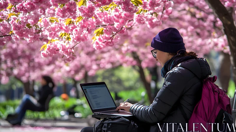 Working Under Cherry Blossoms AI Image