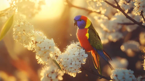 Parrot Amidst Blossoms in Sunset Glow