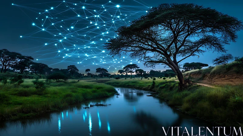 AI ART Serene River Landscape with Glowing Network