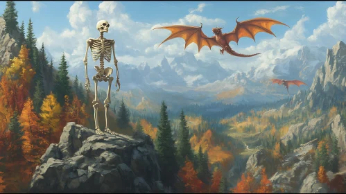 Dragon and Skeleton in Mountain Landscape
