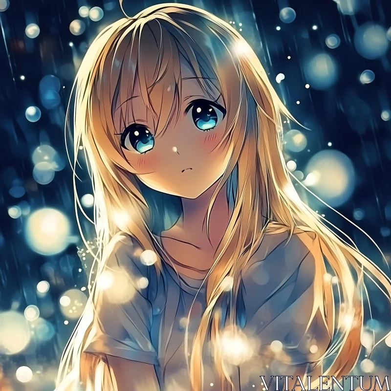 Anime Girl with Blonde Hair and Blue Eyes in Rain AI Image