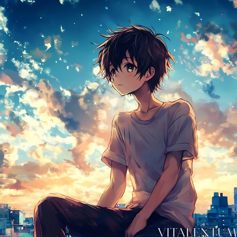 Pensive Anime Boy Watching Sunset Over City AI Image