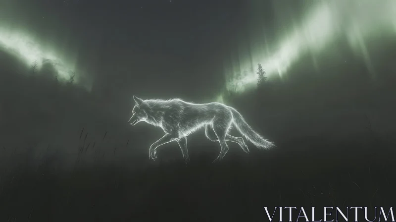 Ethereal Wolf in Aurora Landscape AI Image