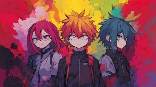 Dynamic Anime Trio with Multicolored Abstract Backdrop