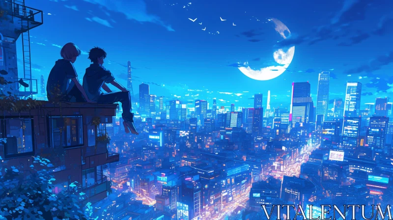 AI ART Urban Nightscape Under Moonlight in Anime Style