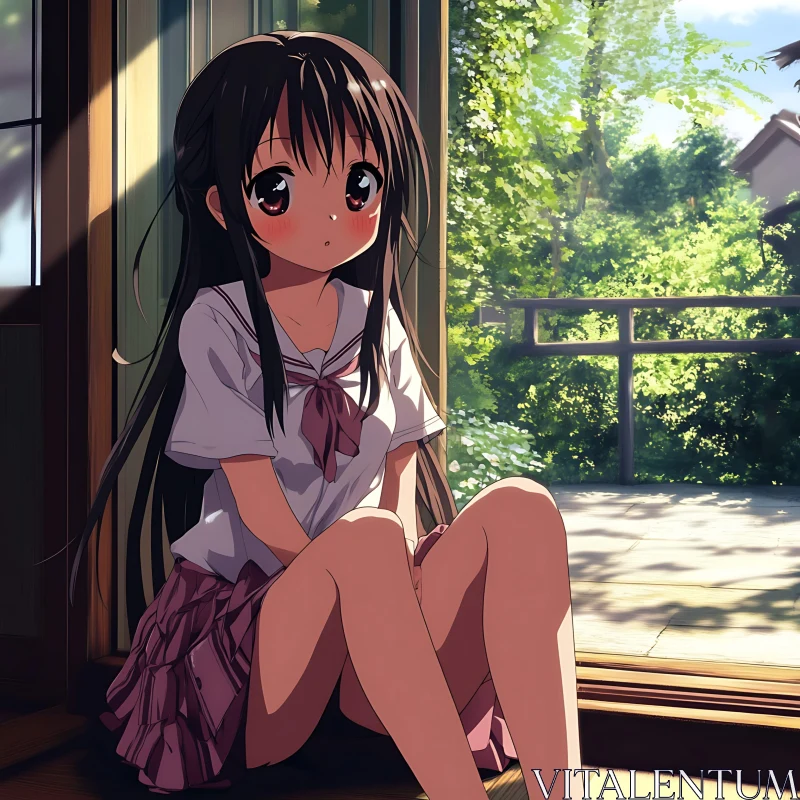 Anime Girl Sitting in Sunlit Doorway AI Image