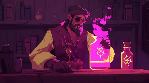 Mystical Potion Brewing Scene with Character