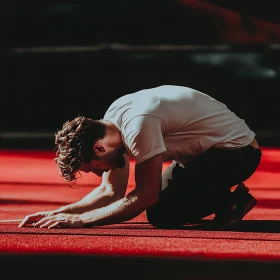 Exhausted Man Kneeling on Red Surface