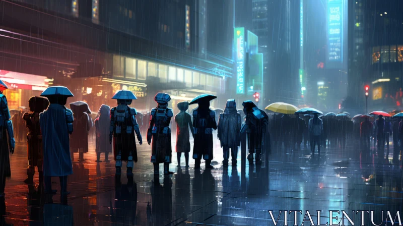 Rainy Cyberpunk City Street with Crowded People AI Image