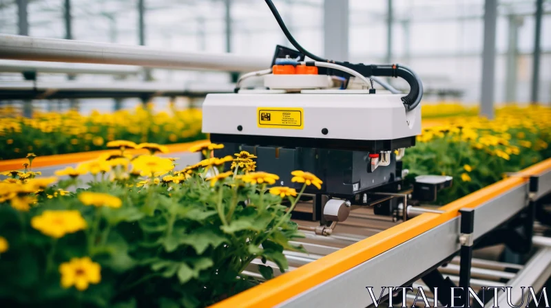 Robotic Machine in a Flower Greenhouse AI Image