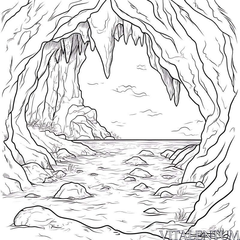 Seaside Cave Monochrome Illustration AI Image