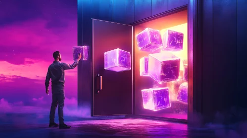 Man Touching Cubes in Abstract Portal