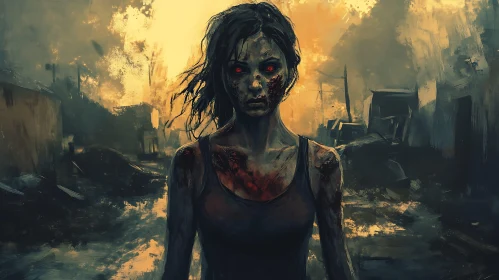 Undead Woman Portrait in Ruined Cityscape