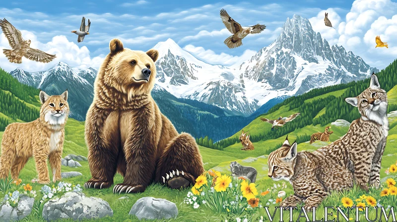 AI ART Mountain Wildlife Scene with Bear and Bobcats