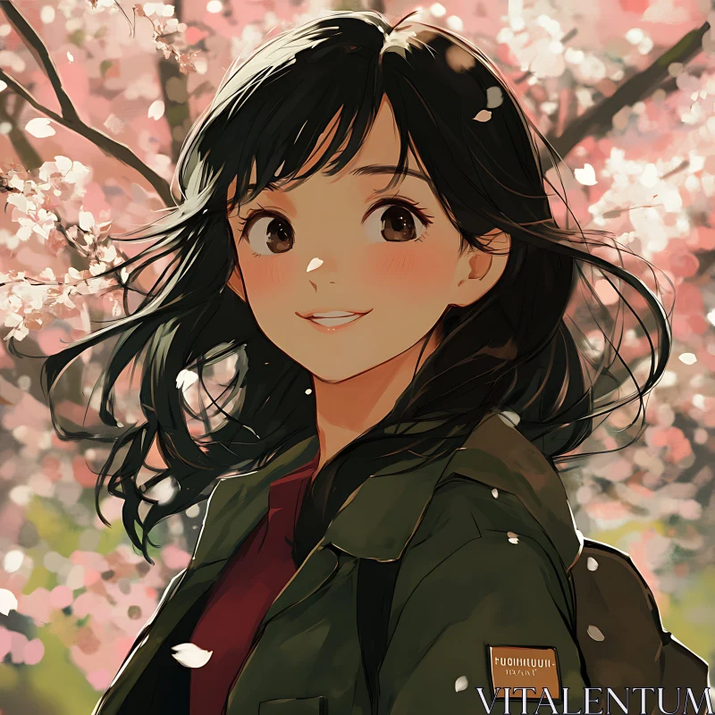 Anime Spring Scene with Cherry Blossoms AI Image