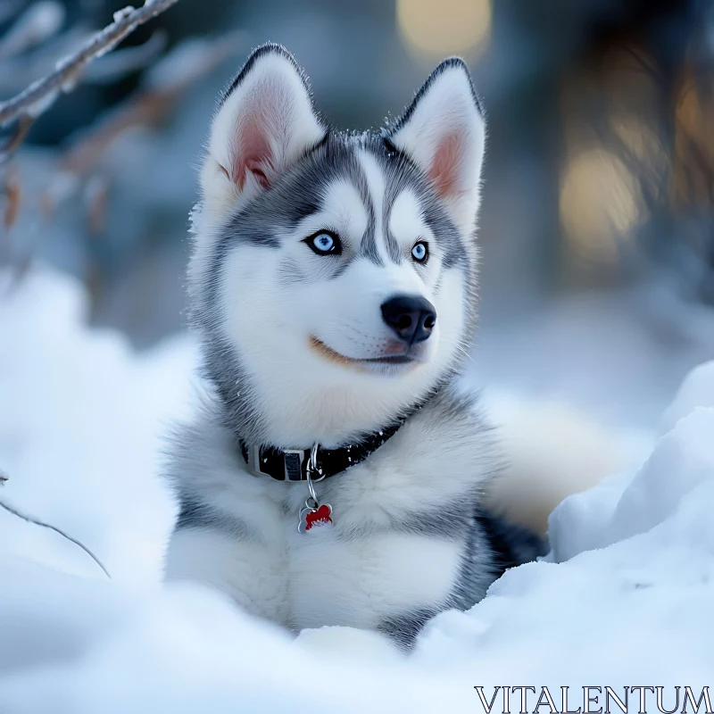 Blue-Eyed Husky Puppy in Winter Snow AI Image