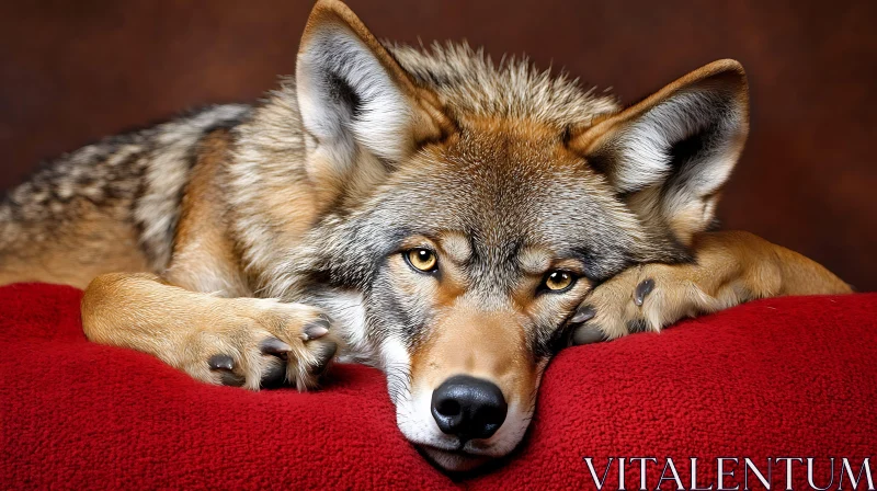 Calm Wolf Resting on a Red Pillow AI Image