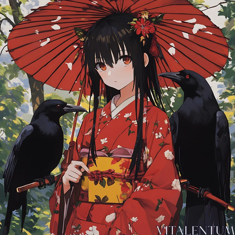 Elegant Anime Geisha Attire with Crows AI Image