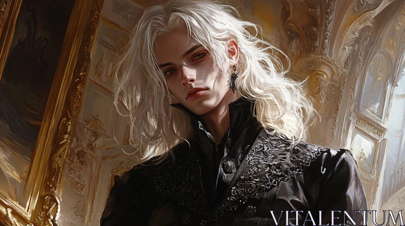 AI ART Regal Young Man with Platinum Hair in Luxurious Interior