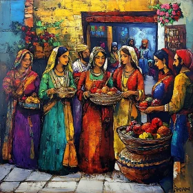 Traditional Women at Market with Fruits