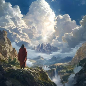 Person in Red Robe Gazing at Mountain Peaks