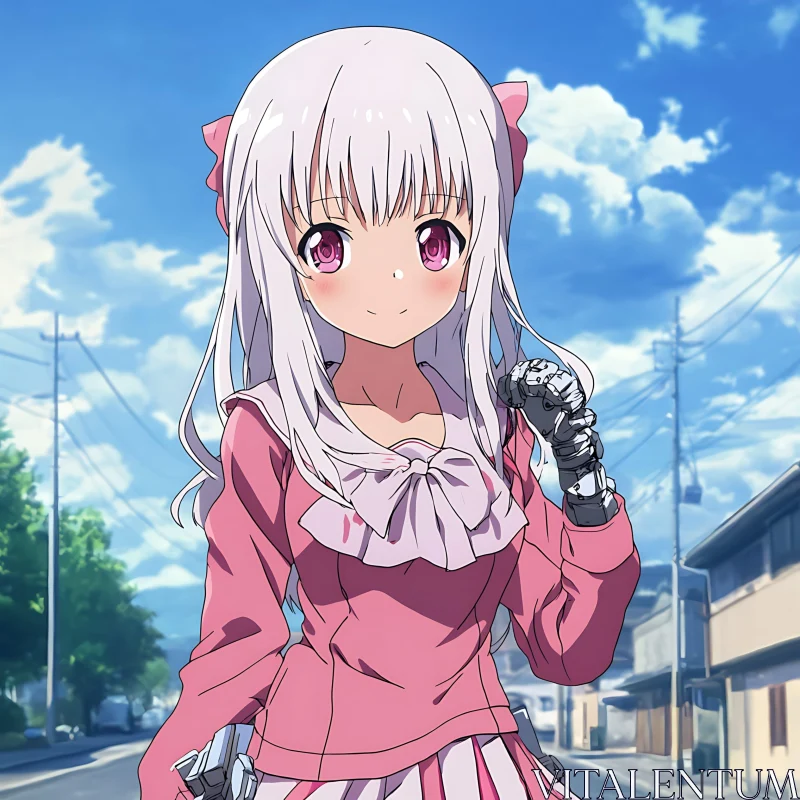 Cyborg Anime Girl in Pink Dress AI Image