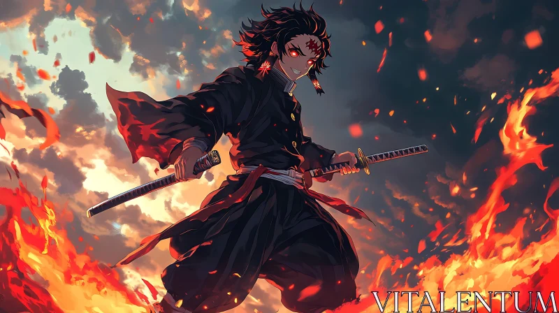 Epic Anime Warrior Surrounded by Fire AI Image