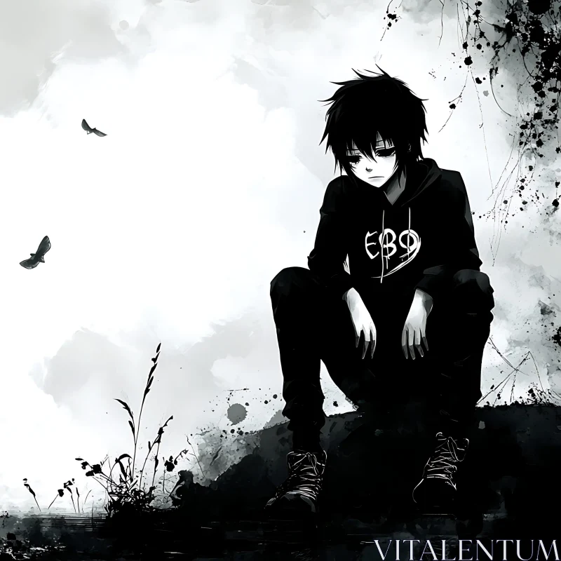 Melancholic Anime Art with Butterflies AI Image