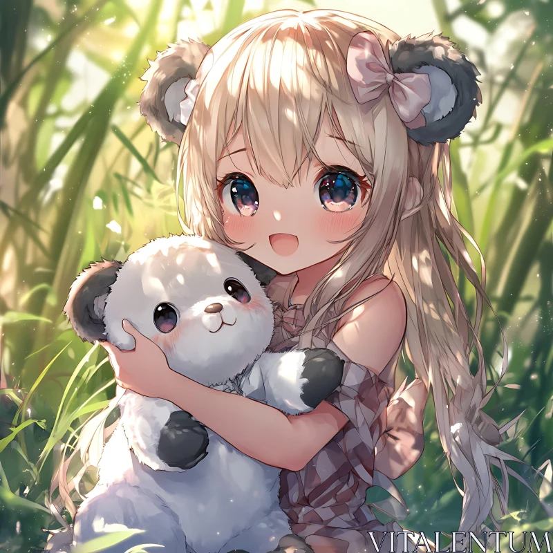 Adorable Anime Girl Hugging Panda Plush Toy AI Image