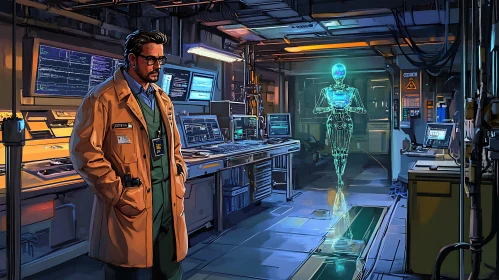 Lab with Man and Holographic Robot